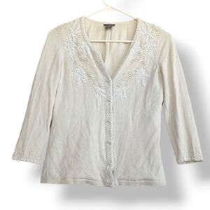 Ann Taylor Cream Cardigan with Beaded Pearl Floral Details Elegant Classy Femme